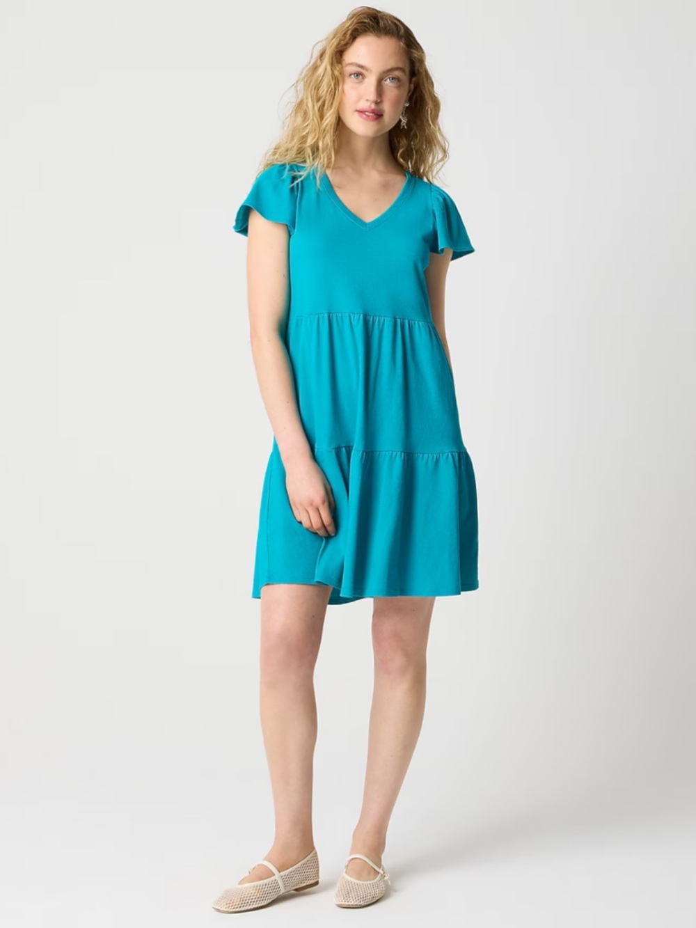 J. Crew Teal V-Neck Tiered Flutter Sleeve Dress